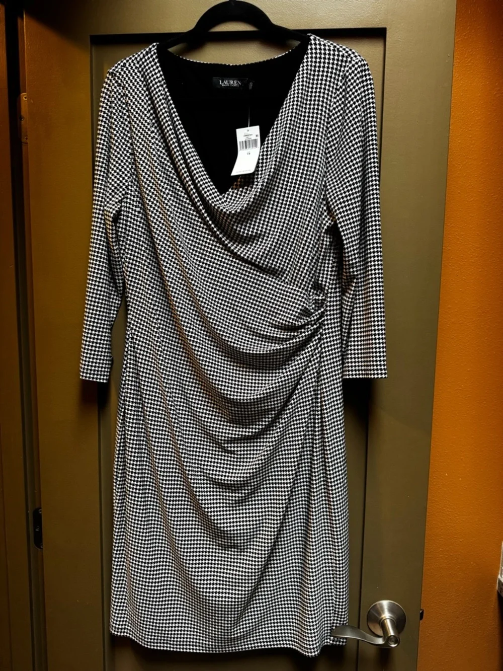 Lauren Ralph Lauren houndstooth faux wrap dress  and 3/4 sleeves 14 NEW W/Tags
